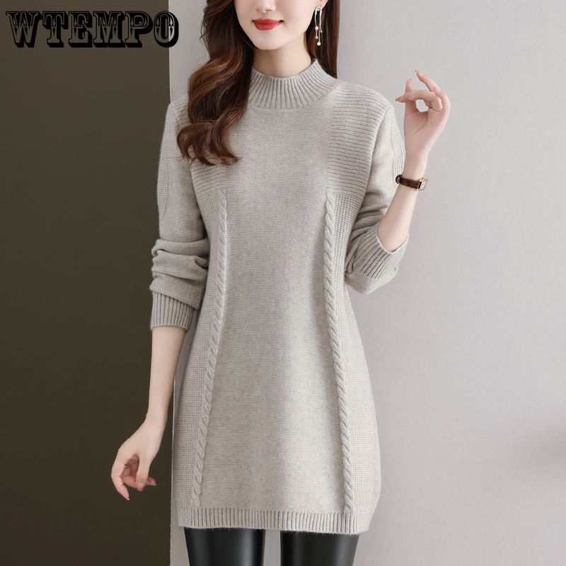 Half Turtleneck Knitted Sweater Women's Casual Long-sleeved Mid-length Sweater Solid Color Autumn and Winter Pullover