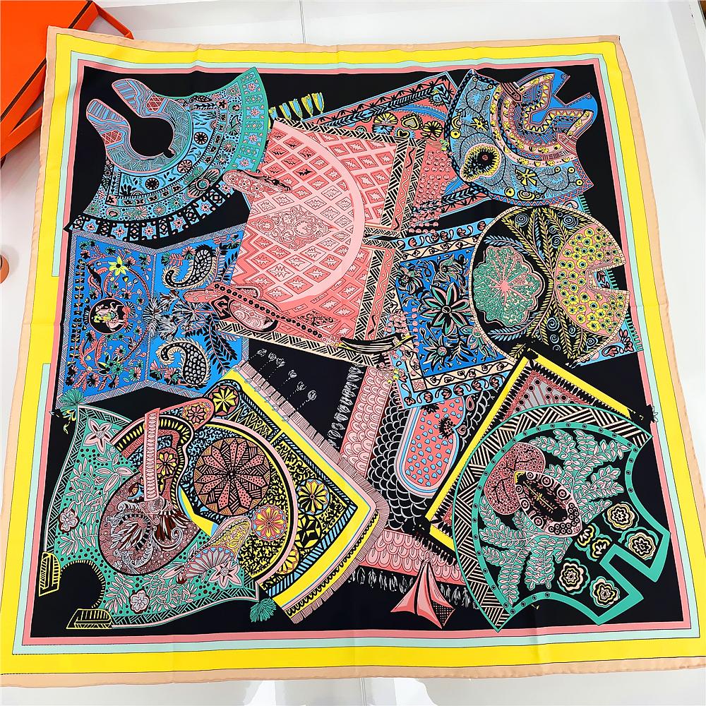 90Cm Luxury Saddle Square Scarf Women 100% Twill Silk Hand Rolled Hem Hijab Scarf Foulard Shawl  Design Head Scarves Ladies