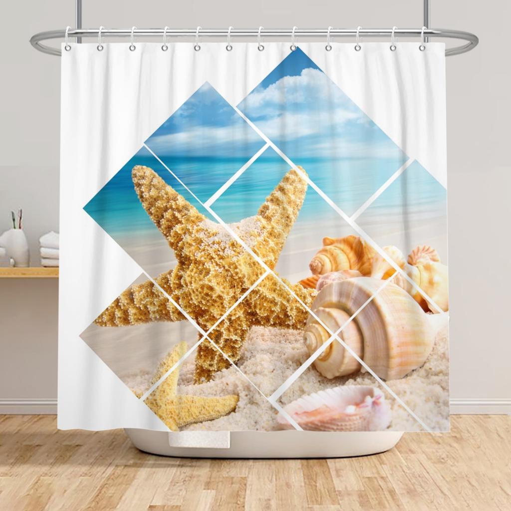 Beach Vacation Shower Curtain Tropical Palm Trees Ocean Waves Starfish Sandy Shore Pattern Waterproof Polyester Bathroom Decor