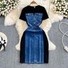 Women's Crew Neck Short Sleeve Midi Dress Loose Fit Mid Waist Casual Denim Patchwork Dress Korean T Shirt Dress