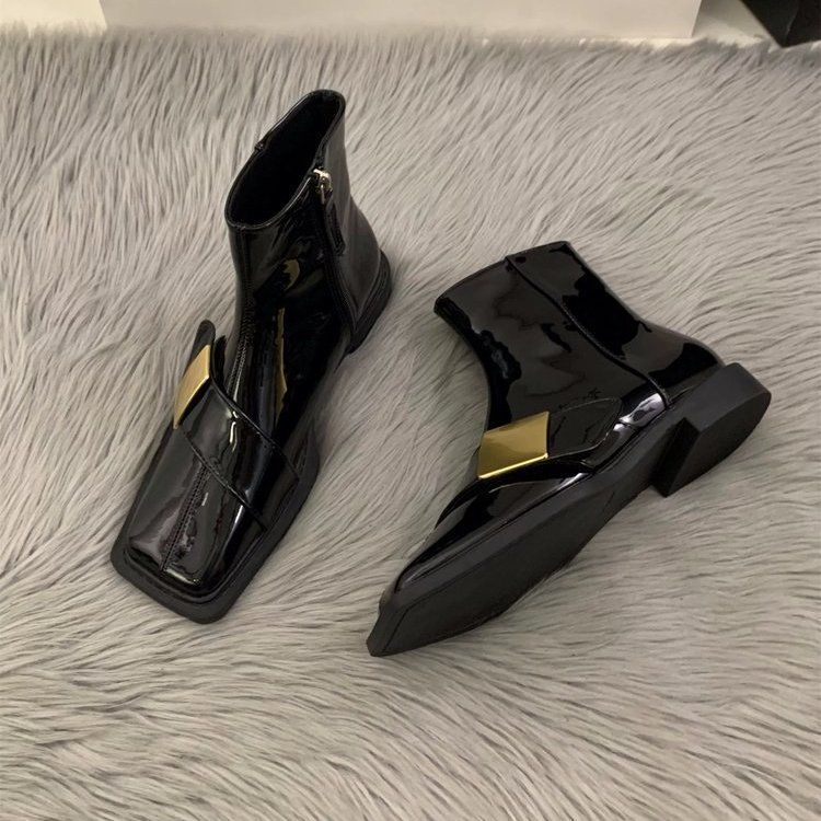 Thick heel thin boots metal buckle short boots 2025 autumn new French square head side zipper thin boots Martin boots women