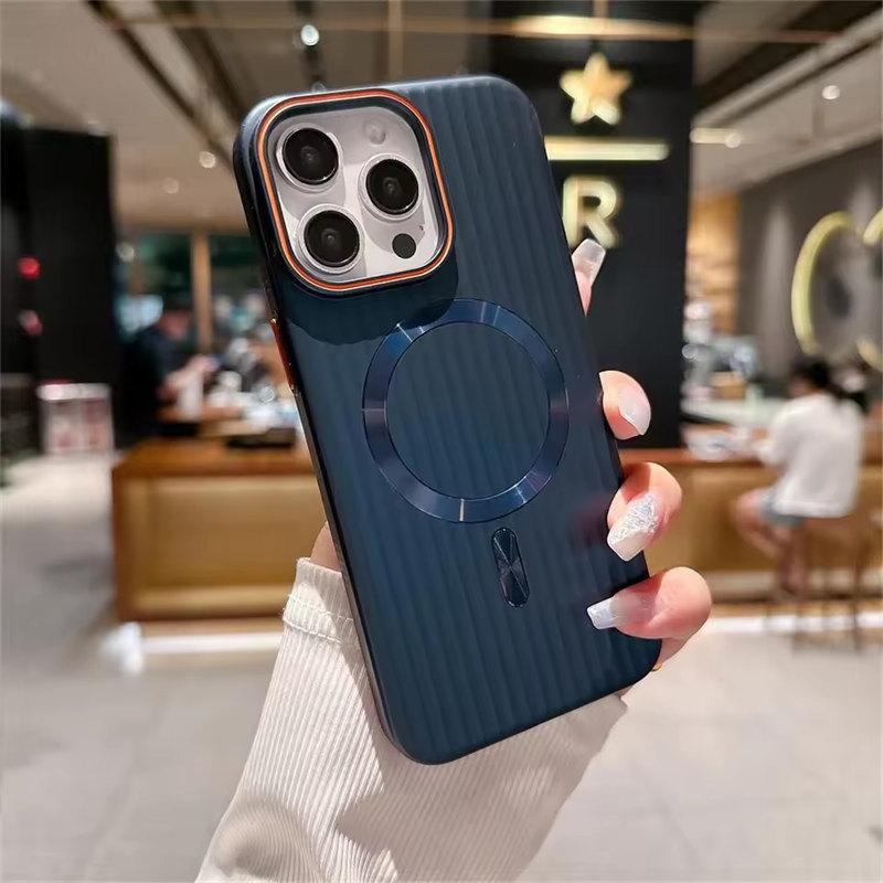 

Роскошный полосатый матовый магнитный чехол для iPhone 16 15 ProMax 14 Plus 11 12 13 Pro Max противоударный тонкий чехол Magsafe PC iPhone 12 темно-синий