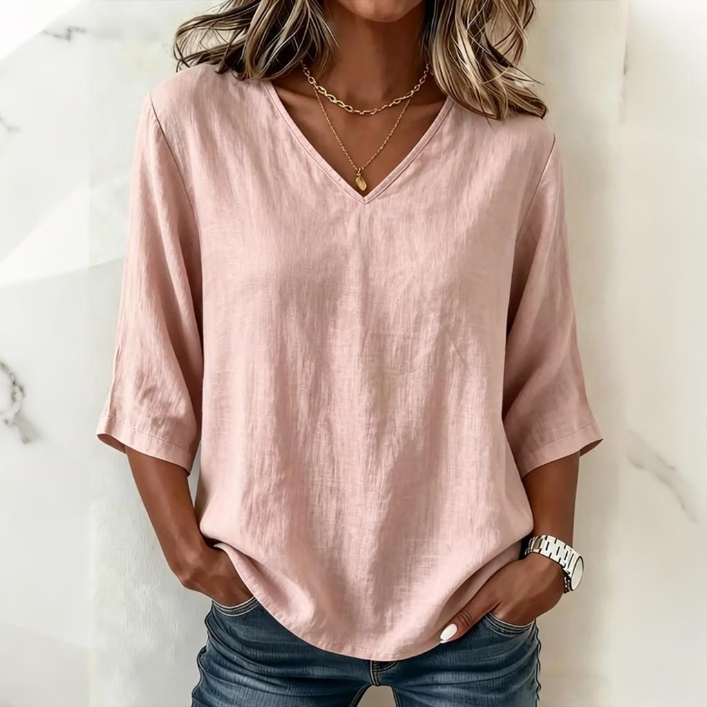 Women Loose Fit V Neck Top Mid Sleeve Relaxed Style Lightweight Jersey Cotton Casual Shirt for Everyday Wear