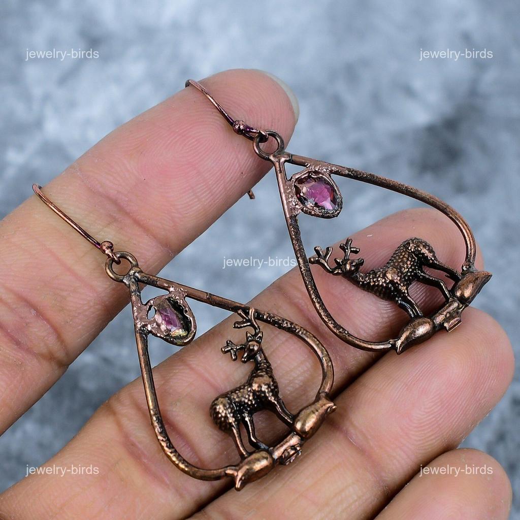 Oval Ruby Stone Birthday Gift Dangling Electroformed Engagement Earrings Copper VP-82