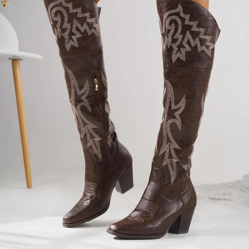 Dámské boty 2024 Nové Vyšívání Dámské kozačky Módní vyšívání Moderní kozačky Dámské Sexy špičaté boty nad koleno Dámské