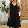 Women's Dress Solid Color Round Neck Hollow Pleated Sleeveless Pocket Dresses