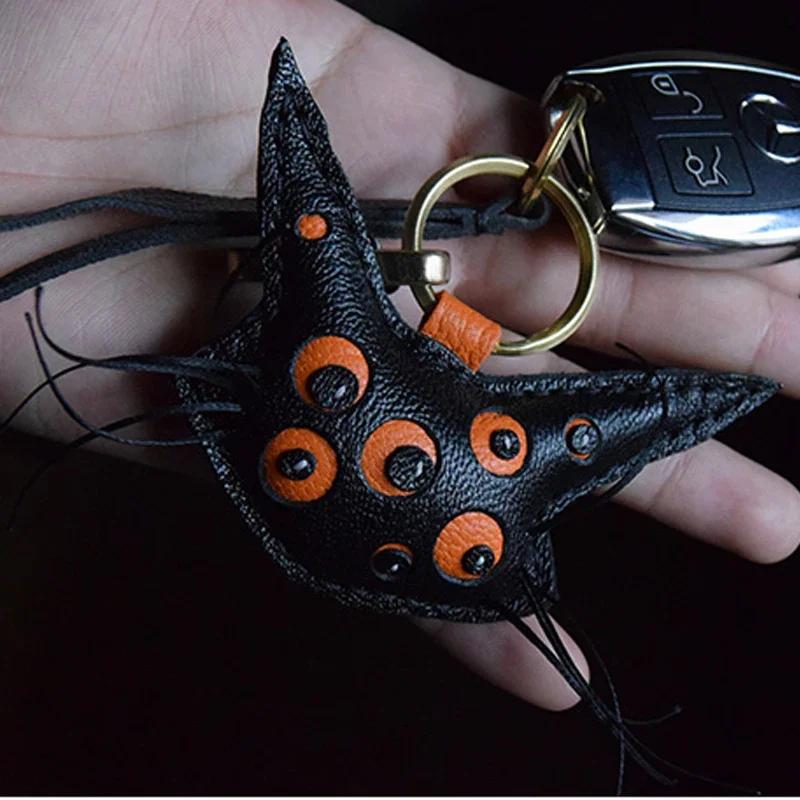 Handmade Leather Black Cat KeyChain Bag Charm