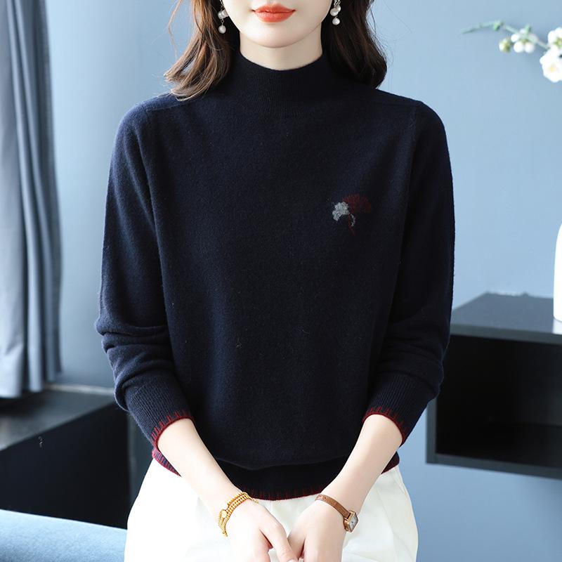 Women's Pure Wool Half-High Collar Knit Sweater - Stylish, Warm, Age-Reducing Pullover for Autumn and Winter
