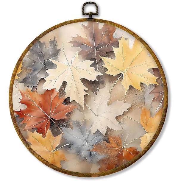 shiviody Fall Halloween Pumpkin Canvas Wall Art Decor, Autumn Halloween Hat Wall Art, Dark Moody Thanksgiving Round Hanging Frame Prints Decorations