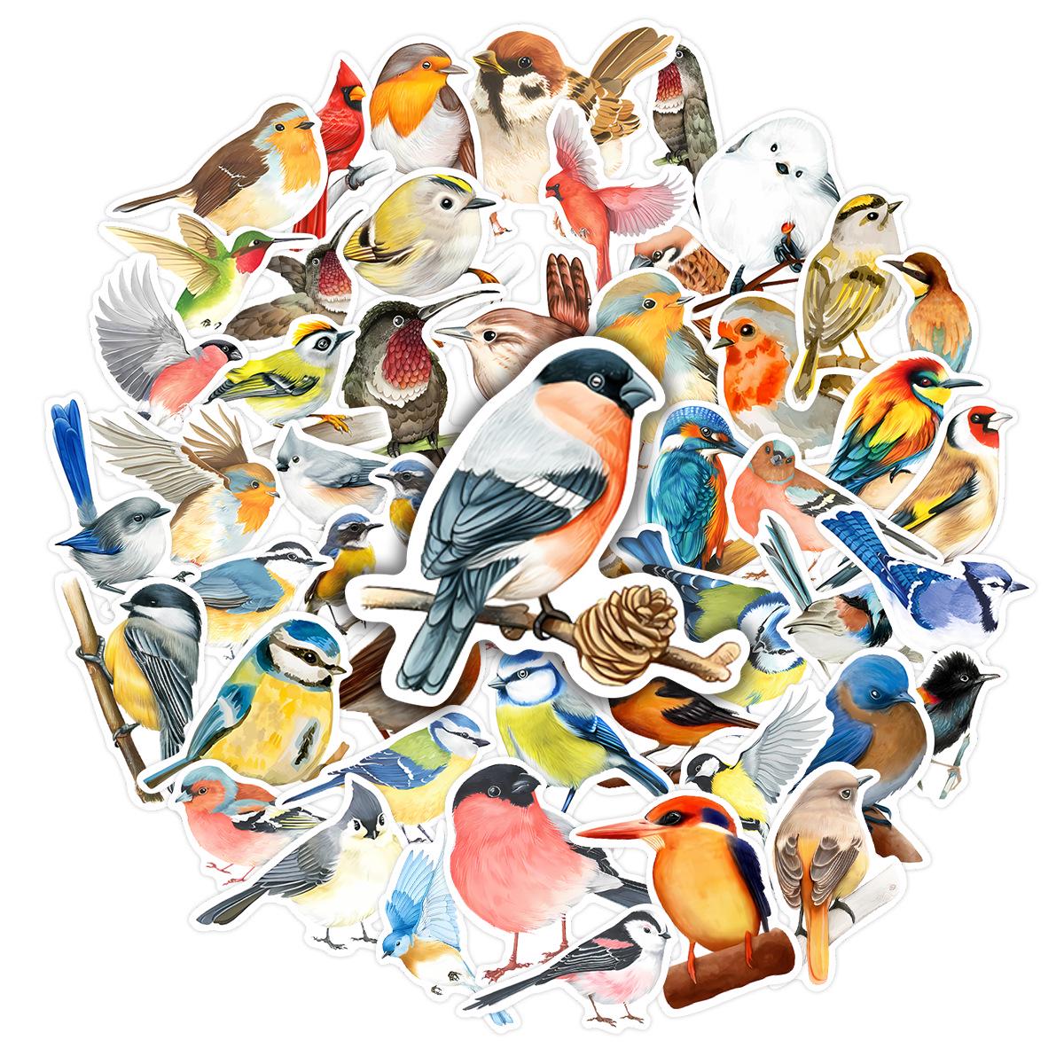 Cartoon Watercolor Bird Stickers: 50 Hand-Drawn PVC Stickers for DIY Journals and Creative Decor.