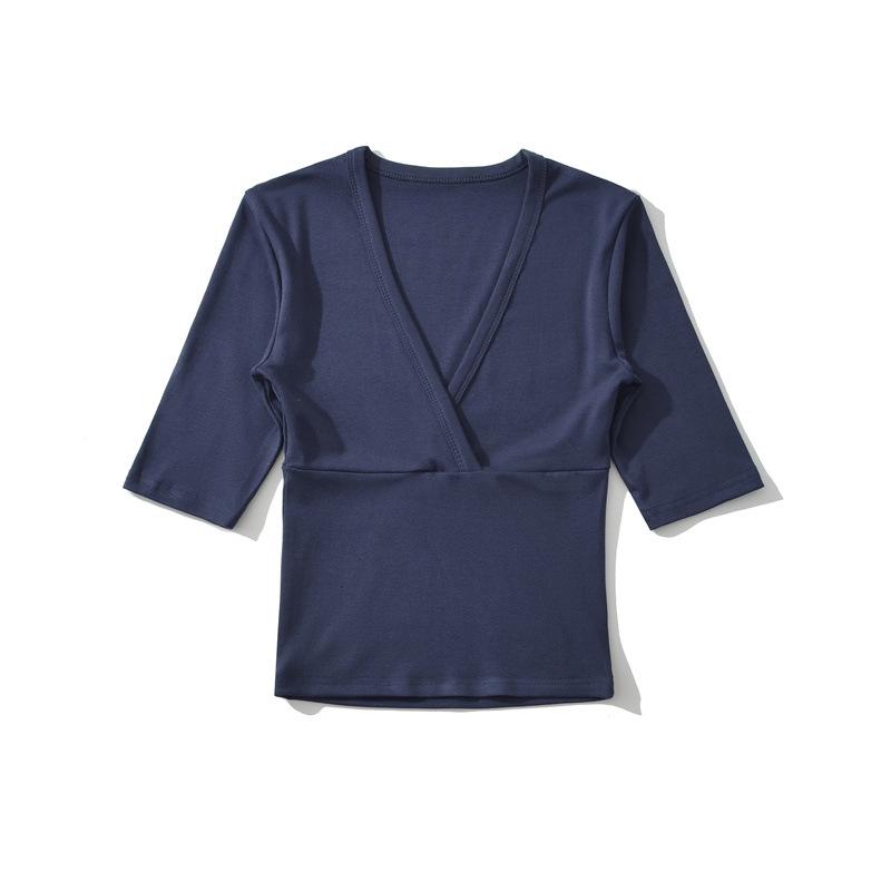Elegante Camiseta Cruzada en V con Ceñido a la Cintura para Mujer - Capa Base de Manga Corta para Verano