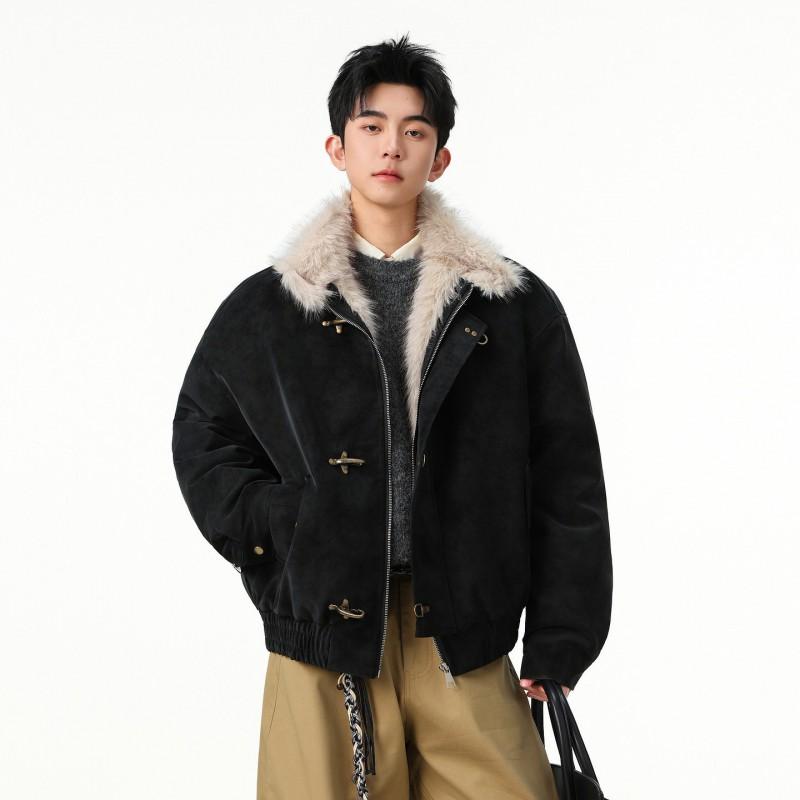 Mens Winter Fleece Lined PU Cotton Jacket Stand Collar Warm Casual Coat