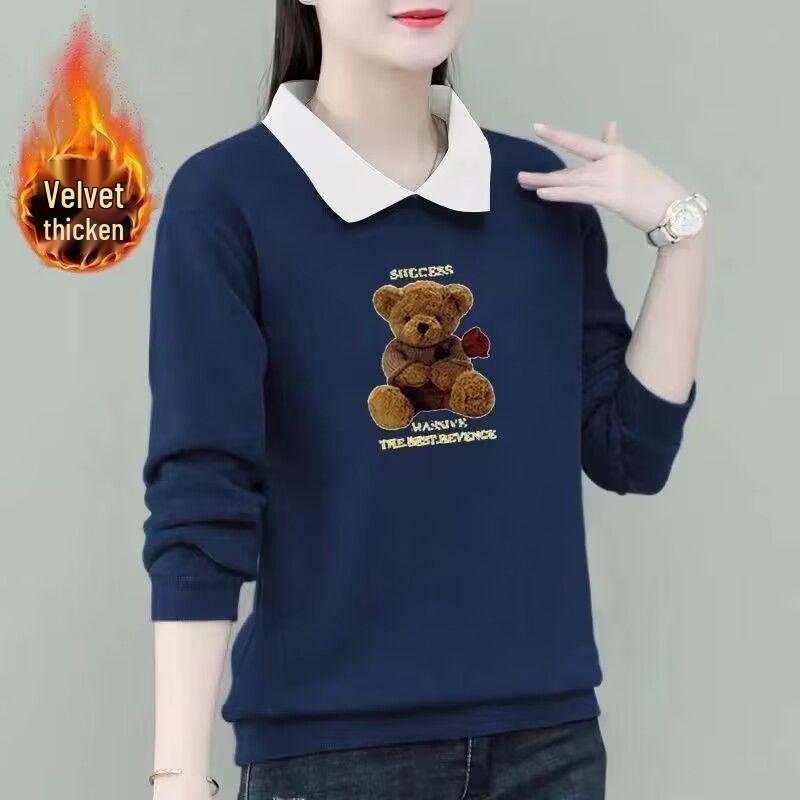 2025 Autumn/Winter Women's Plus Size Velvet Polo Collar Long Sleeve Cartoon Print Sweater
