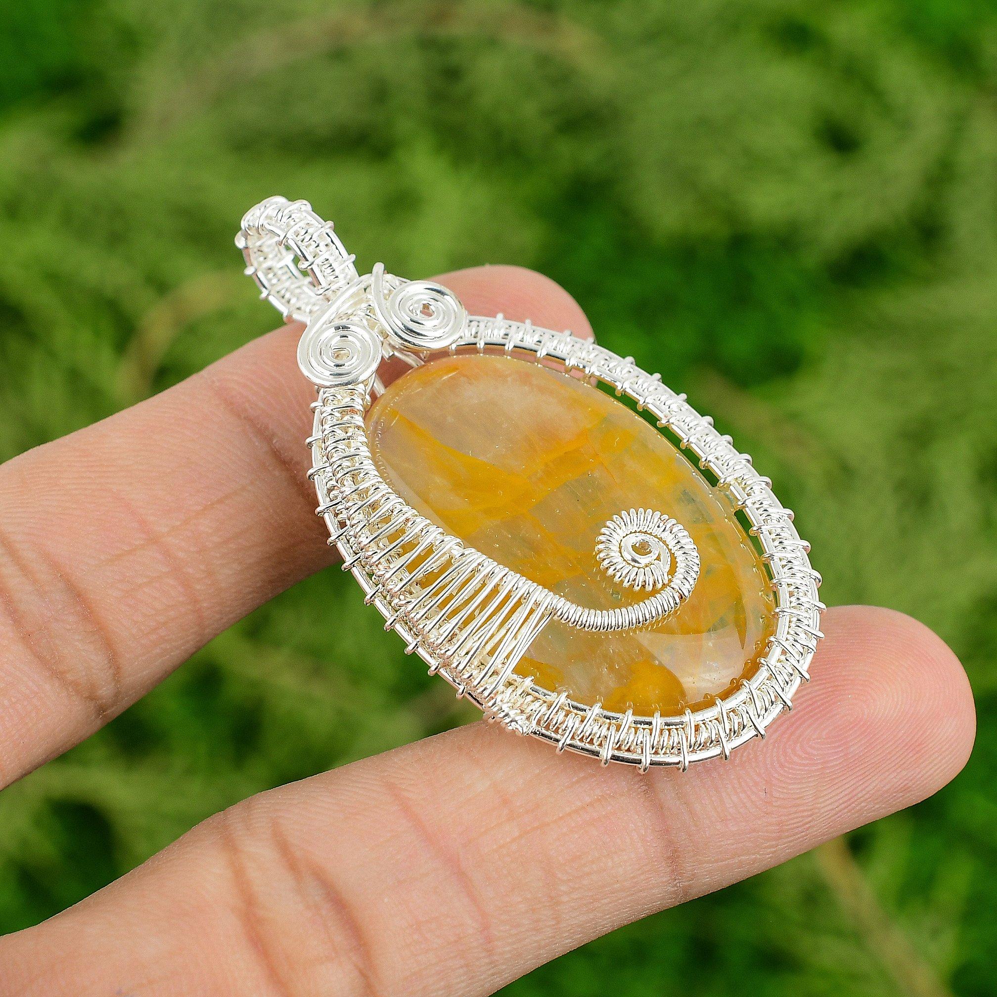 

Plume Agate Stone Sterling Silver Handcrafted Birthday Wire Wrap Pendant Jewelry