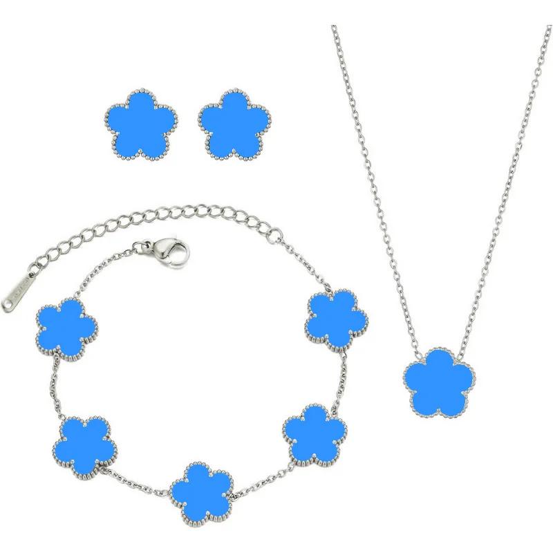 Conjunto de Joias Trevo Cor Prata para Mulheres Aço Inoxidável Hipoalergênico À Prova D'água Brincos Flor Colar Corrente Pulseira Novo