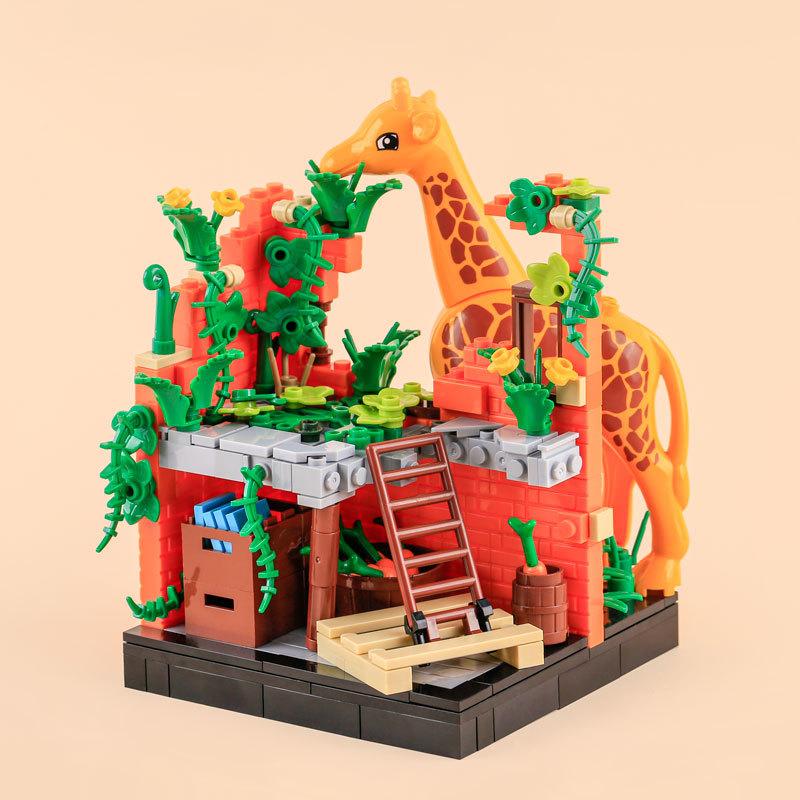 Zoo Giraffe Building Block Figurine Scene Accessories Plant Vegetable Puzzle Assembly Toy