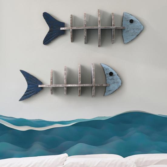 Nautical Wooden Fishbone Wall Decor Rustic Skeleton Fish Floating Shelf Coastal Wall Mounted Display
