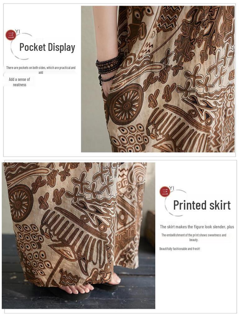 2024 Summer Plus Size V-Neck Cotton Linen Mid-Length Dress - Women's Wide H-Shape Pullover