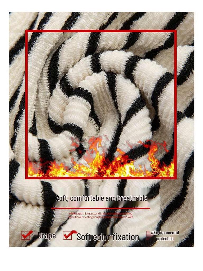 Women's Black & White Striped High-Waisted Fleece-Lined Wide-Leg Pants, Autumn/Winter, Slimming, Floor-Length.