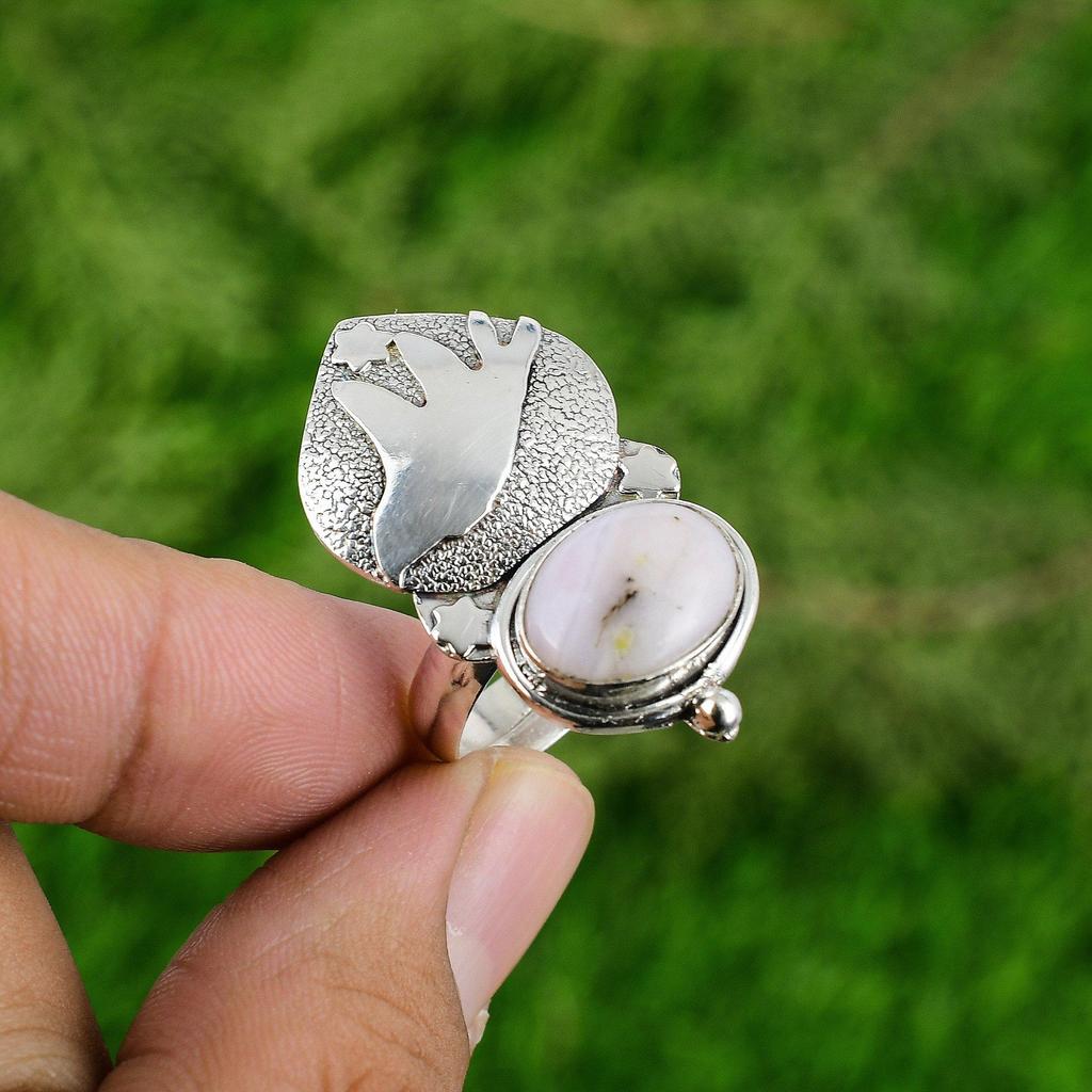 Oval Pink Opal Gemstone 925 Sterling Silver Statement Bird Bezel Ring Jewelry