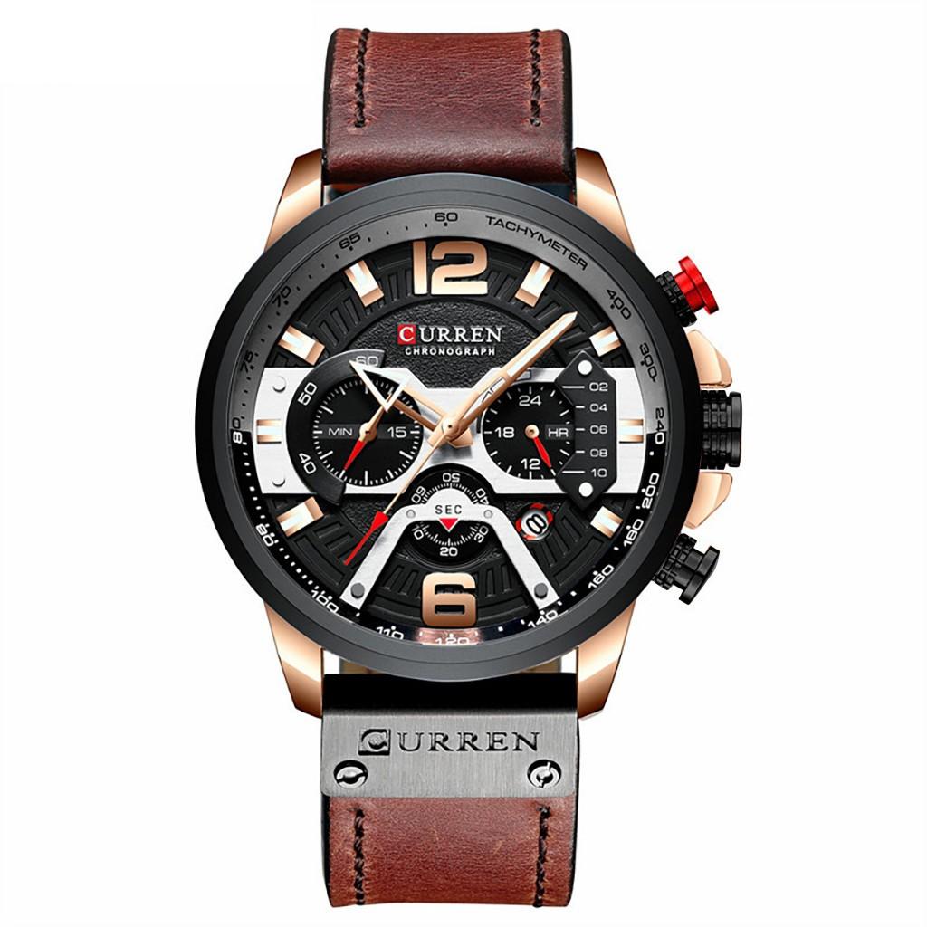 CURREN Men's Business Leather Strap Watch Waterproof Quartz Chronograph Date Display Three Sub-Dials Six Hands Casual Wristwatch