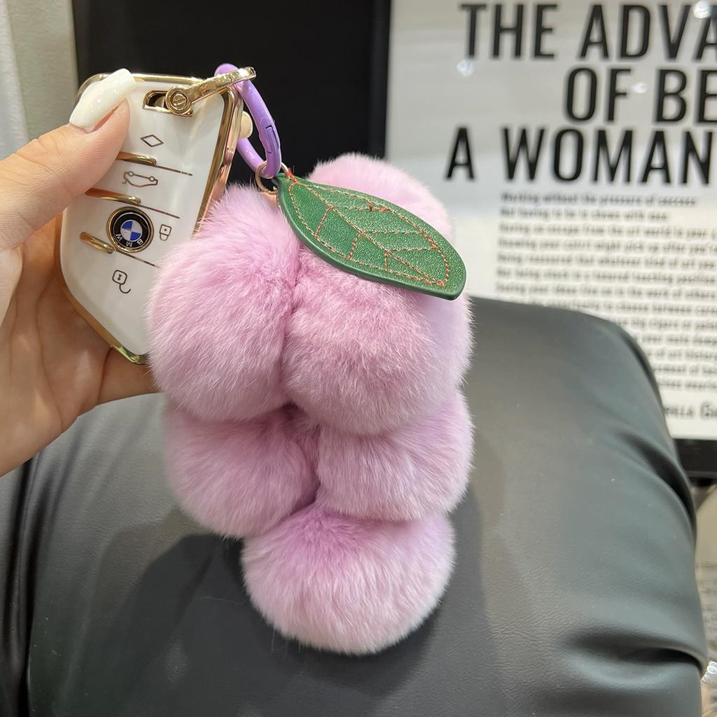 Super Lila~ Echtes Rexkaninchenfell Traube Schlüsselanhänger Anhänger ins Niedlicher Pompon Taschenanhänger