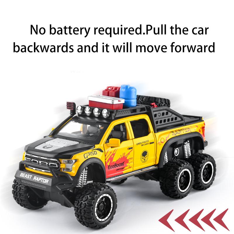La scară 1/28 Ford Raptor F150 6X6 Pickup Truck Model de mașină de jucărie turnată sub presiune, Vehicul de jucărie cu sunet și lumină pentru copii mici, colecție de cadouri