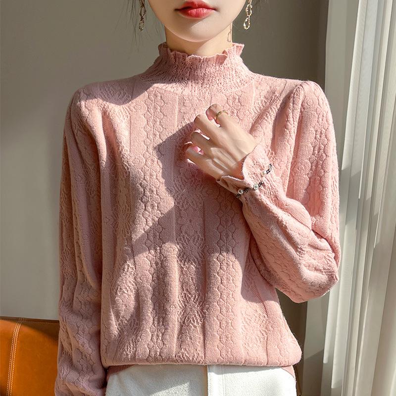Women's Fine Wool Half-High Neck Lace Knit Sweater - New Autumn/Winter Thick Long Sleeve Top