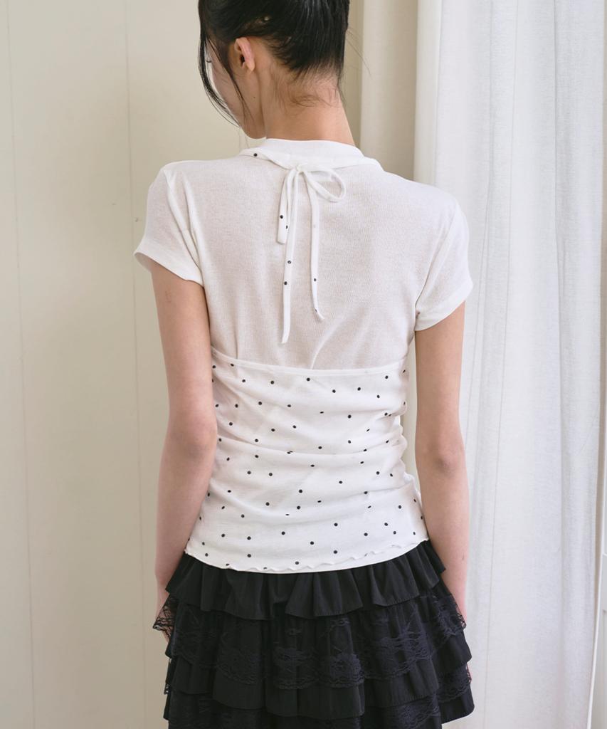 THE GREEN LAB Dot Halter Top Layered Short Sleeve Set [White]