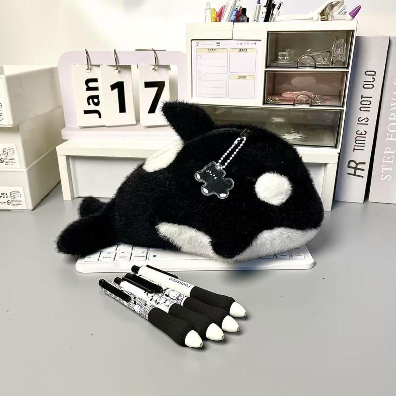 Husă de pluș drăguță cu desene animate balenă ucigașă, cu capacitate mare, pentru depozitarea articolelor de papetărie, penar amuzant pentru elevi, cadou