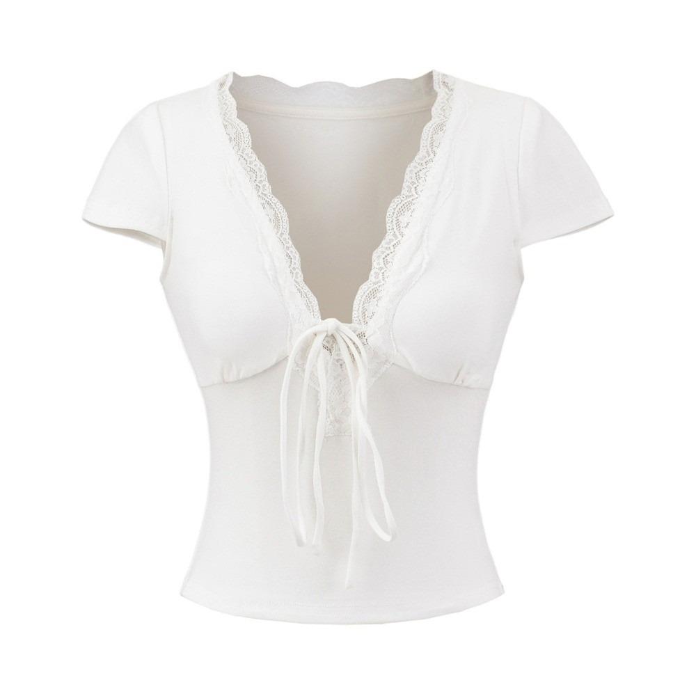 

V Neck Bottoming T-shirt Short Sleeve Camisole Elegant Slim Crop Tops Streetwear L белый