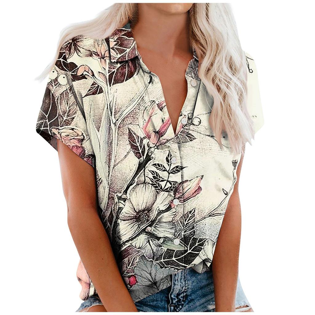 Women's Fashion Casual Short Sleeve Flowers Print Buttons Lapel Shirt Top Blouse