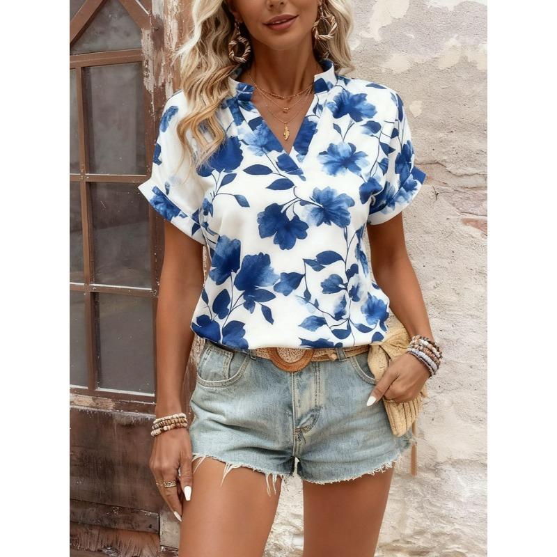Damen Lässige Lockere V-Ausschnitt Blumenmuster Kurzarm Bluse