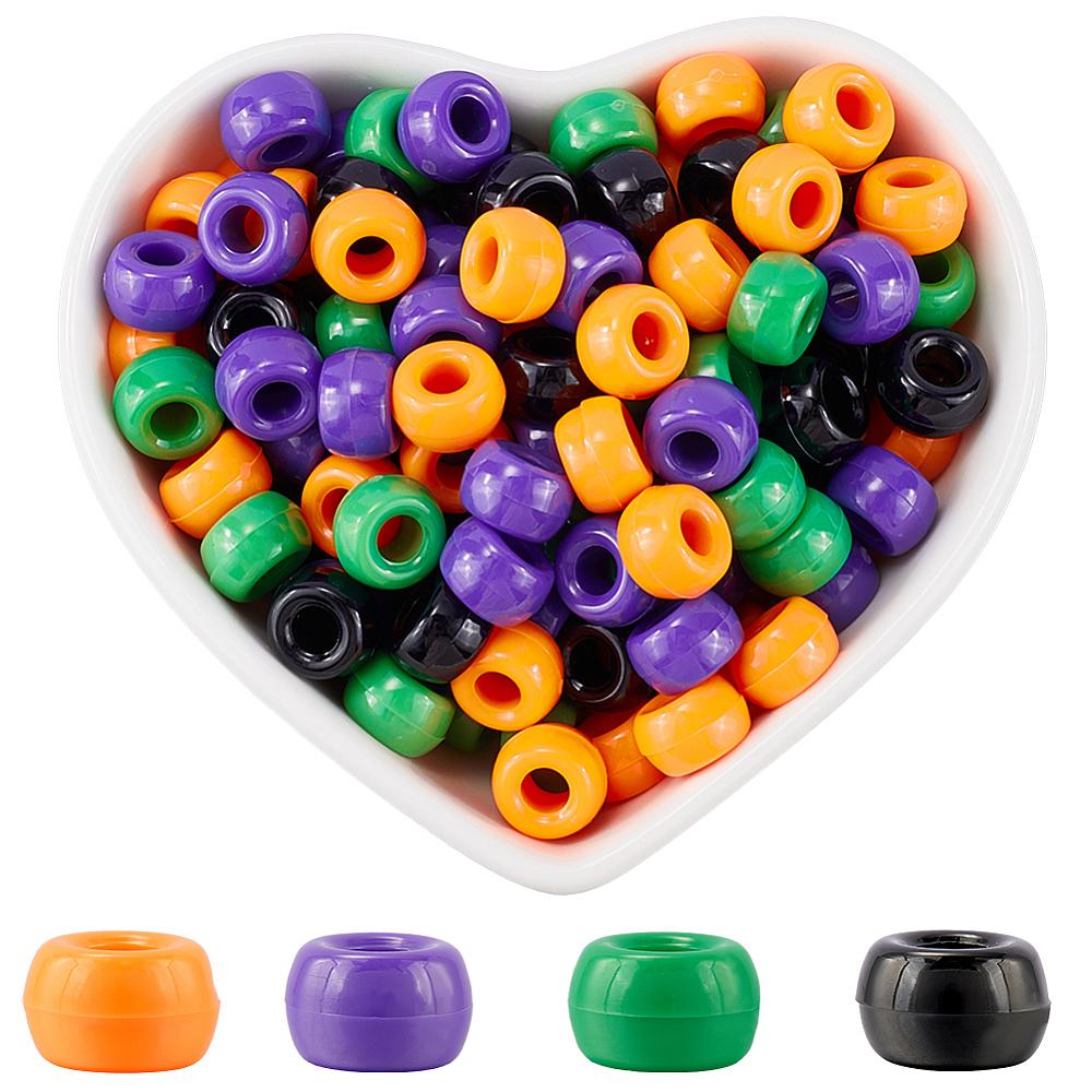 800Pcs 4 Colors Halloween Opaque Plastic Beads Barrel Mixed Color 9x6mm Hole: 3.8mm