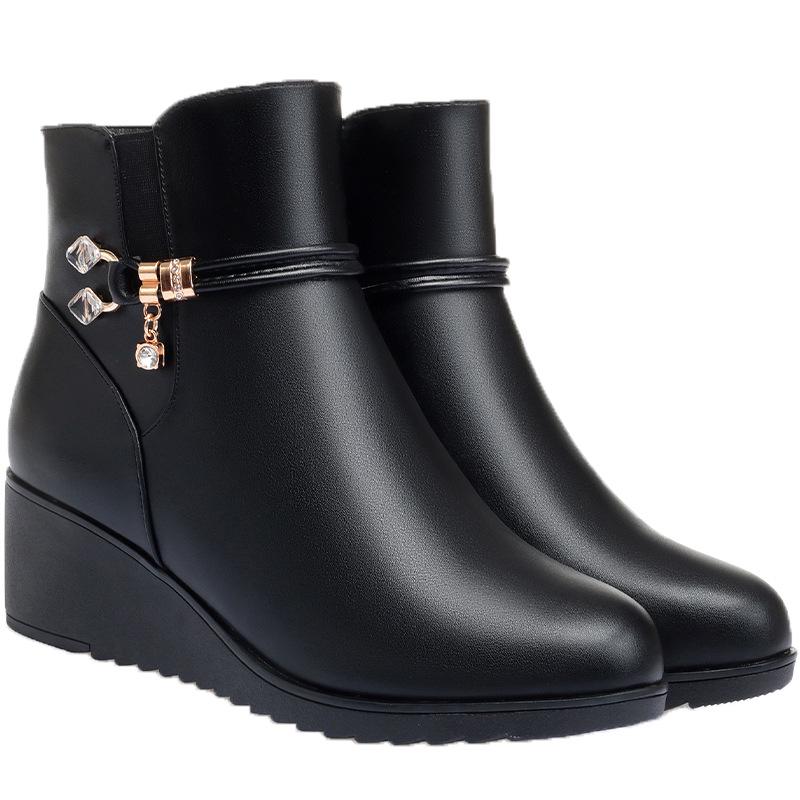 Vielseitige Damen Leder Keilabsatzstiefel in Übergröße - Weiche Sohle, Baumwolle, Plus Samt Warm, Herbst/Winter