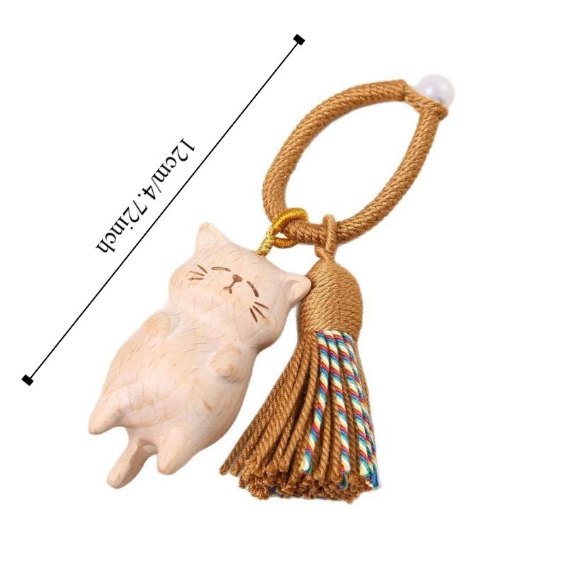 Cartoon Animal Wooden Carved Cat Keychain Weave Rope Carved Cat Keyring  Gifts