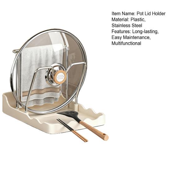 Countertop Pot Lid Holder Pan Lid Storage Rack with Drain Tray Pot Lid Stand with Spoon Rest While Cooking Kitchen