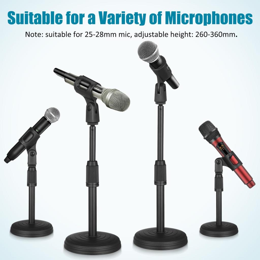 KALLORY Microphone Stand Desktop Round Base Adjustable Height 26-36cm Microphone Clip Included Lightweight Space-Saving Black