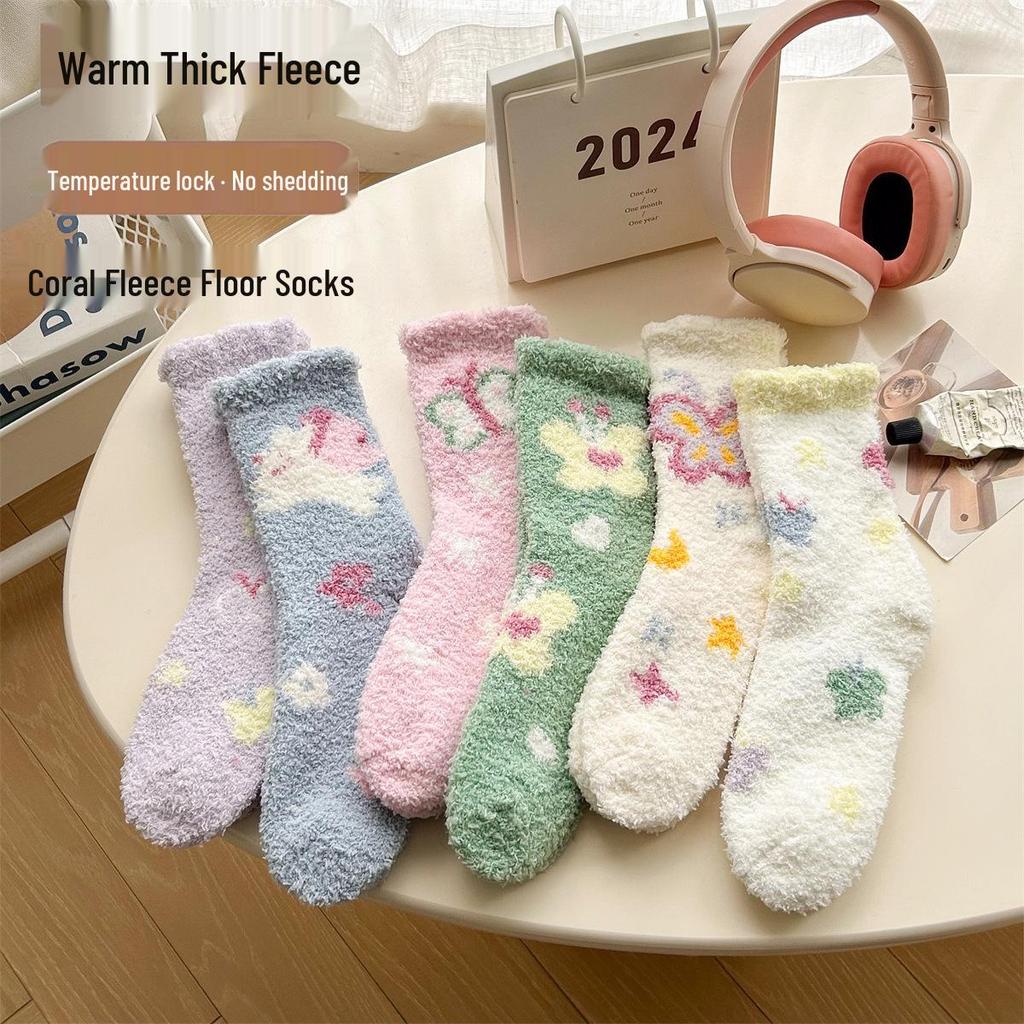 Women's Plus Velvet Thickened Coral Fleece Mid-Calf Home and Sleep Socks - Cute and Plush Cartoon Design for Autumn and Winter