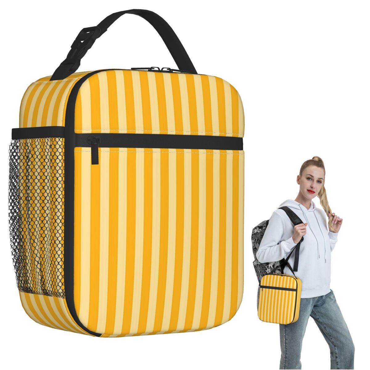 Striped Vertical 2 Yellow Insulated Lunch Bag for Women Children Leakproof Food Boxes Thermal Lunch Box Tote One Size