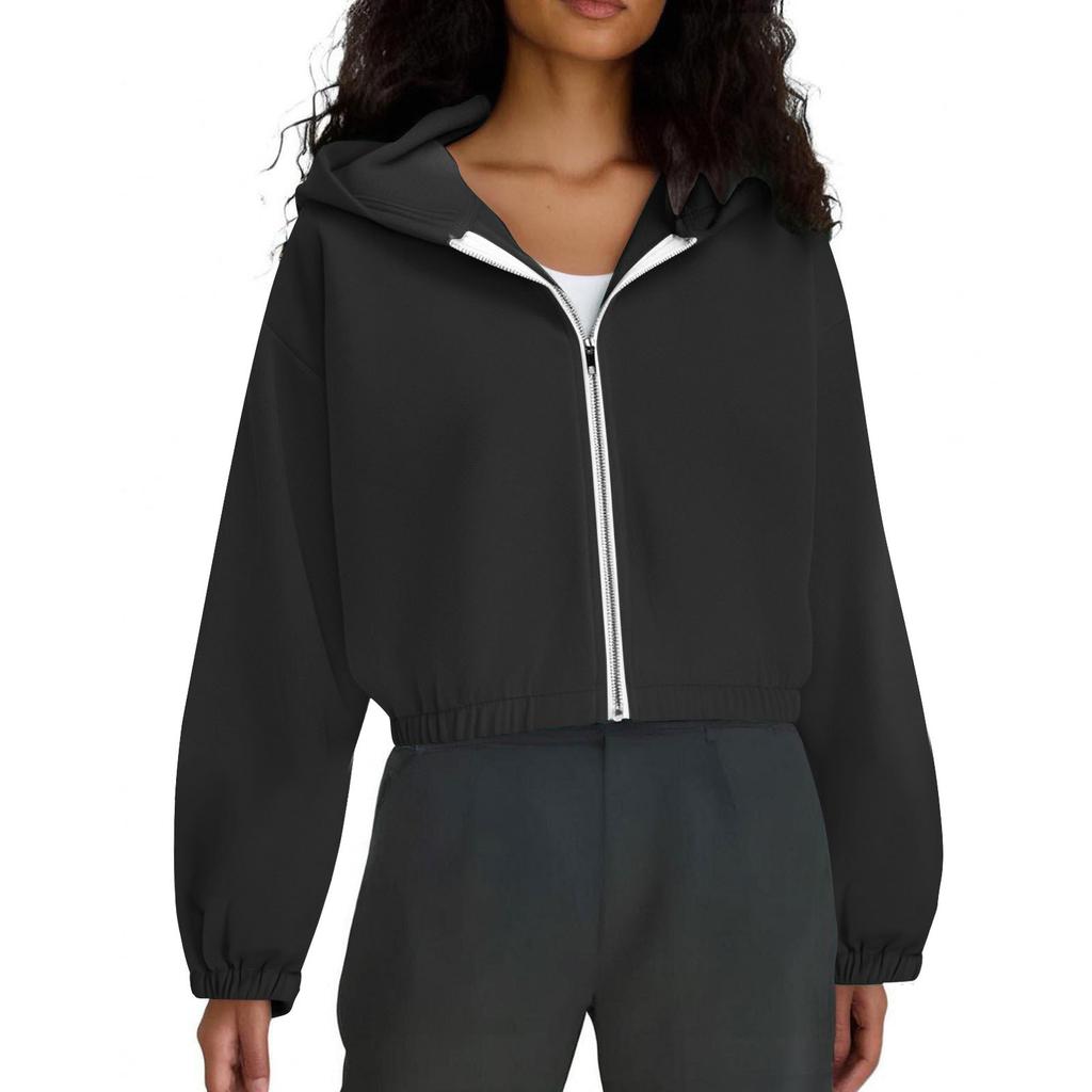 Women's Fashion Solid-Color Hooded Jacket Short-Length Zipper Sweatshirt Outerwear