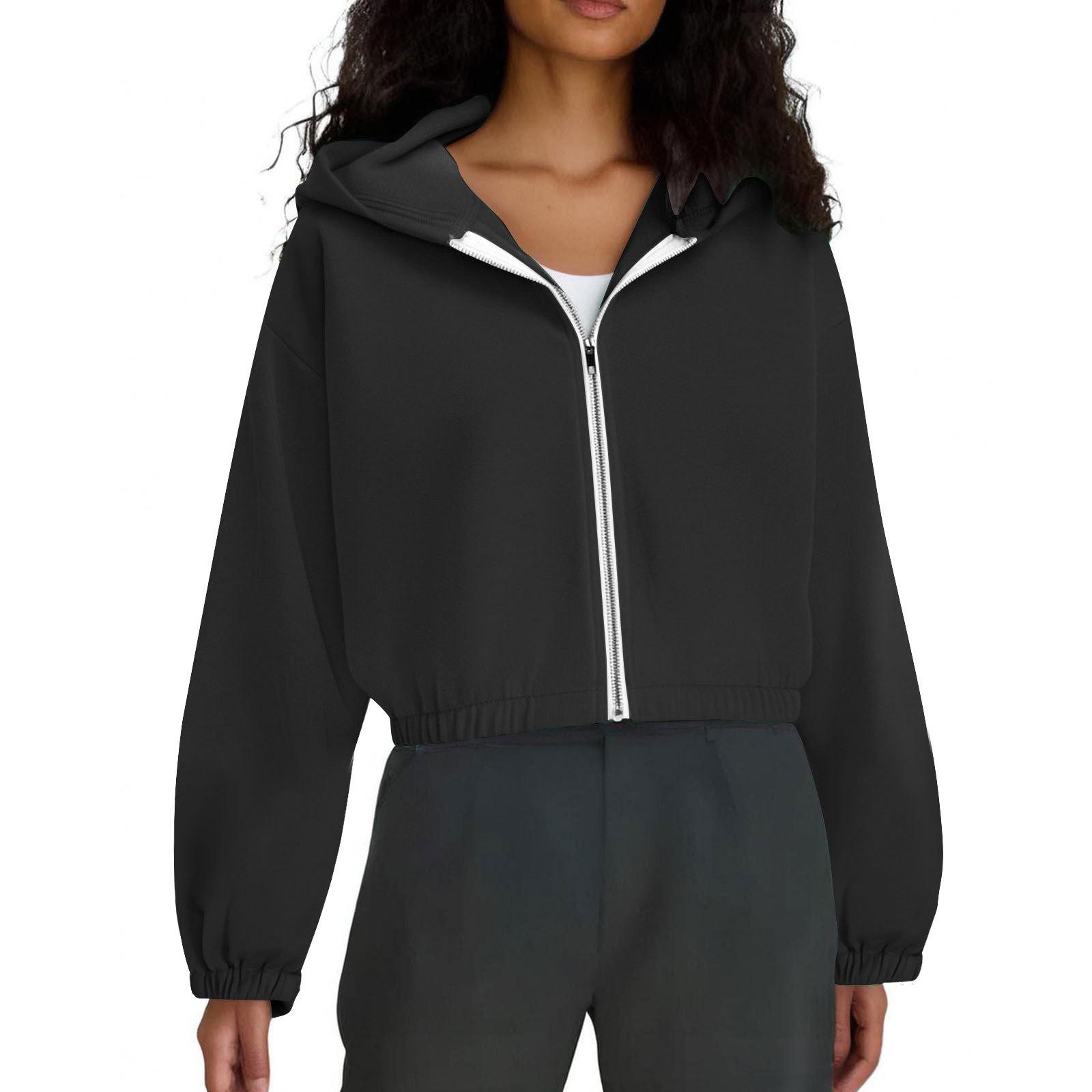 

Women s Fashion Solid-Color Hooded Jacket Short-Length Zipper Sweatshirt Outerwear XL чёрный