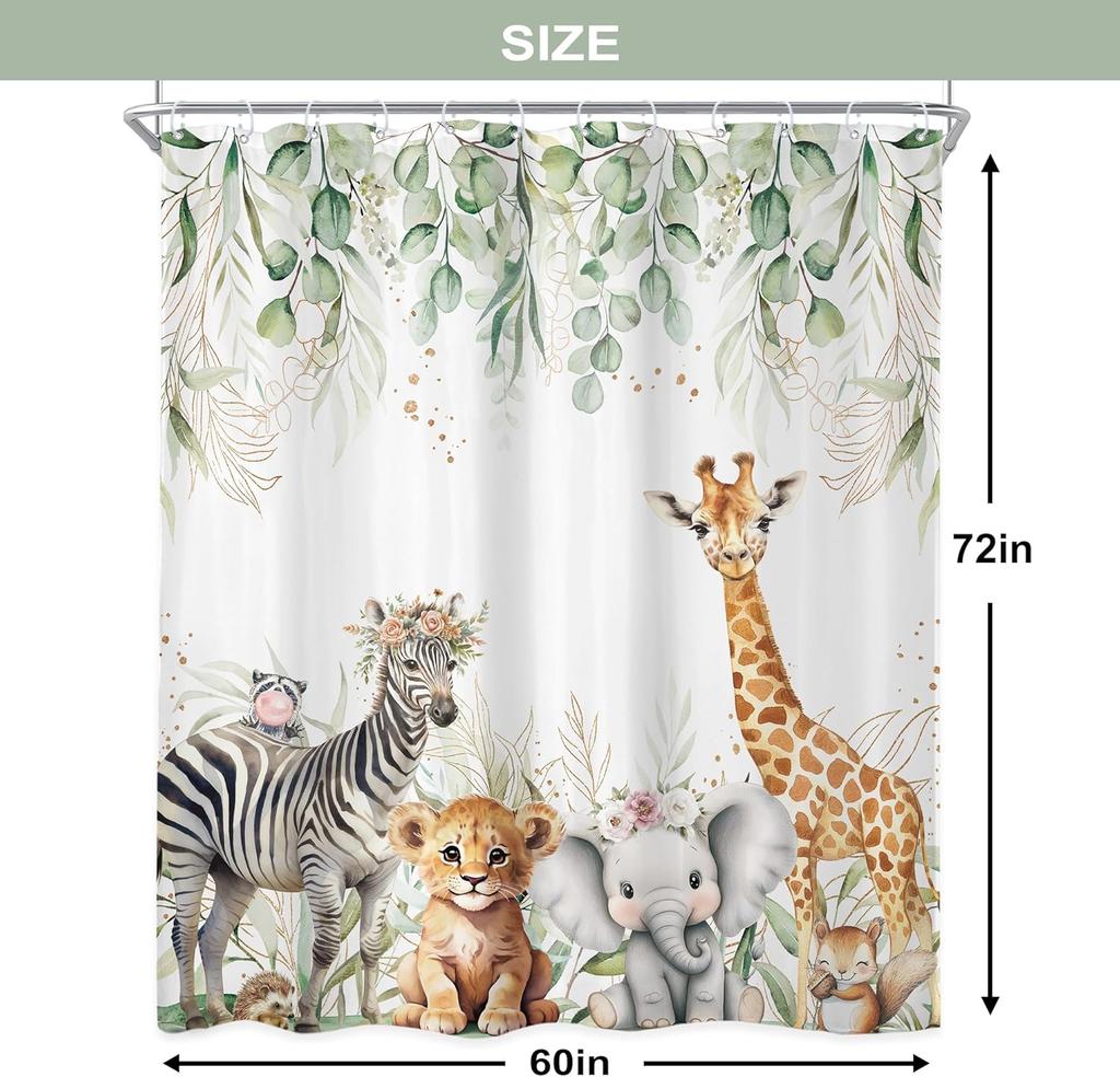 Kids Woodland Animal Eucalyptus Shower Curtain Cute Spring Leaves Fun Cartoon Botanical Wildlife Bathroom Set Boys Girls Nursery