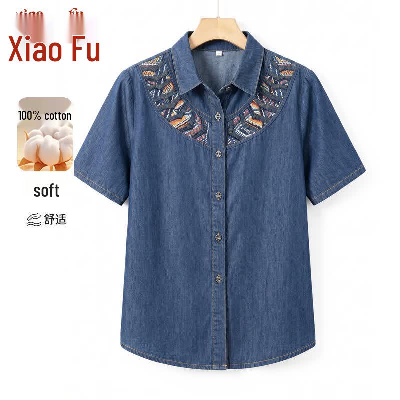 Women s Summer Embroidered Short Sleeve Denim Shirt L синий