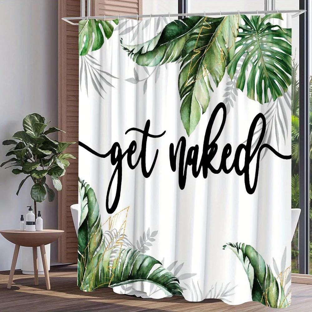~O~1pc 'Get Naked' Shower Curtain - Black Cursive Font, Green Tropical Leaves & Gold Accents, Polyester, Modern Nature Design
