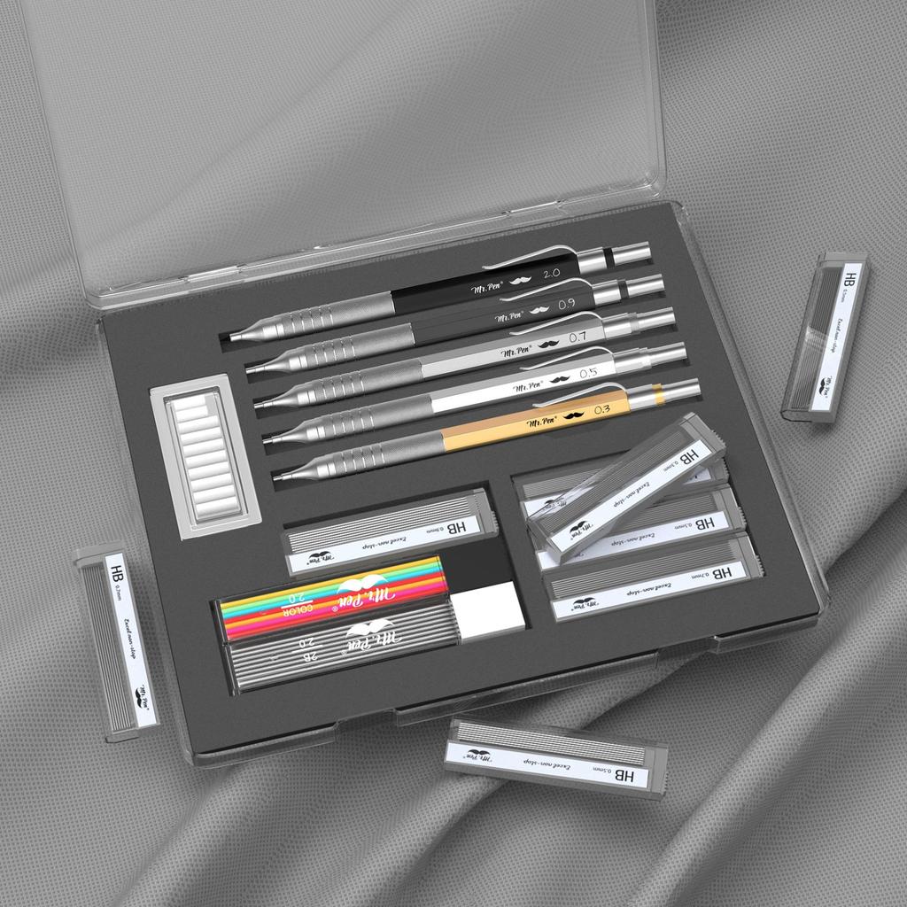 Penna Metall Mekanisk Pennsats med Blyerts och Radergummi 5 Storlekar Pennor Mr. - Påfyllningar, - 0,3, 0,5, 0,7, 0,9, 2 mm, Skissning/Ritning