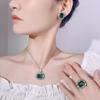 Womens Fashion Jewelry Set With Green Gemstone Zircon Accents Necklace Earrings Ring In Geometric Square Design
