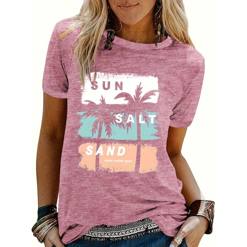 Beach coconut tree pattern printed women's round neck short-sleeved T-shirt, spring and summer casual printed short-sleeved tops for women