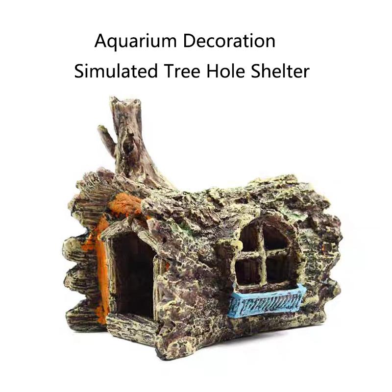 Resin Aquarium Bark Cave Ornament Fade-Resistant Hideaway with Fake Plant Coral Rock for Freshwater Saltwater Tank