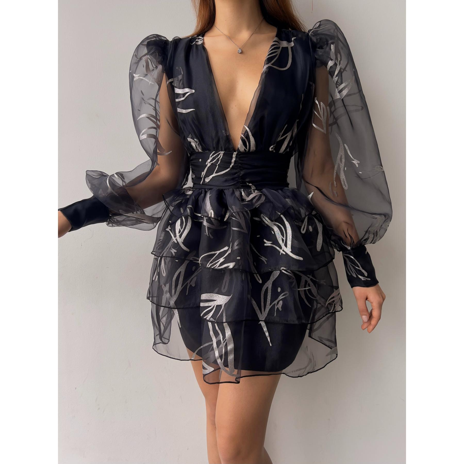 

Юбка с оборками и глубоким V-образным вырезом, длинным рукавом из тюля, женское платье Liva